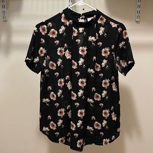 Cherry blossom, short sleeve, flowy blouse with mandarin collar - runs large!